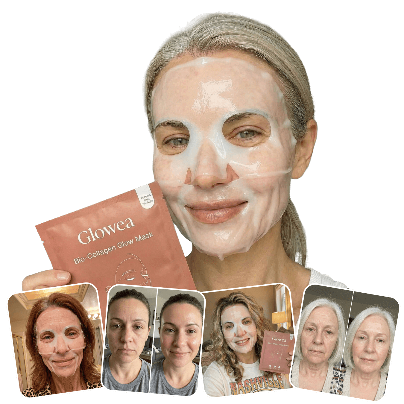 A collage of a woman wearing a Glowea face mask, holding the product, with smaller before-and-after customer photos.
