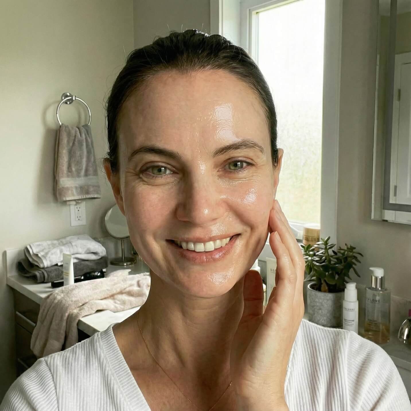 A woman with her hair pulled back smiles while touching her shiny face in a bathroom.