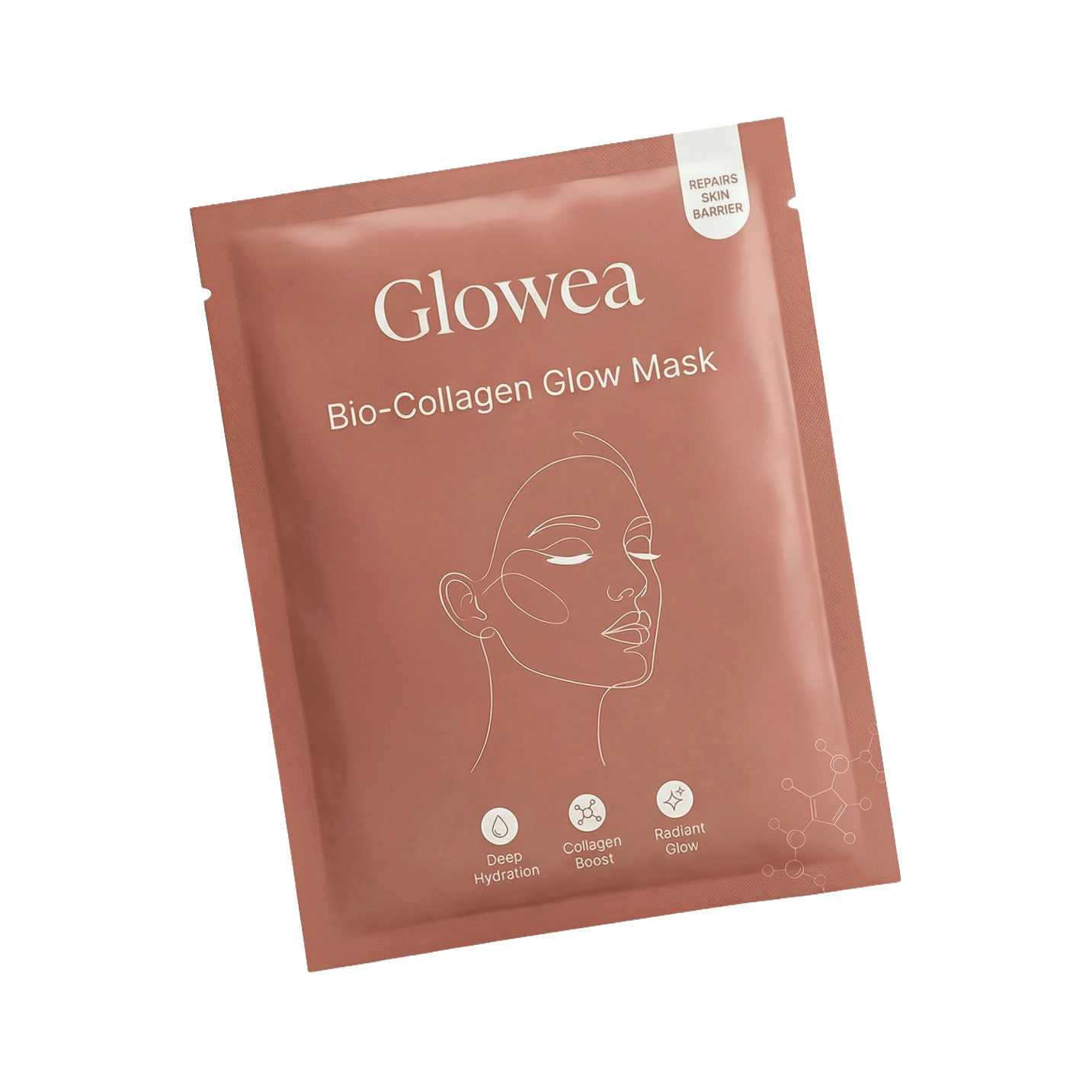 Pink packaging of Glowea Bio-Collagen Glow Mask with abstract face illustration.