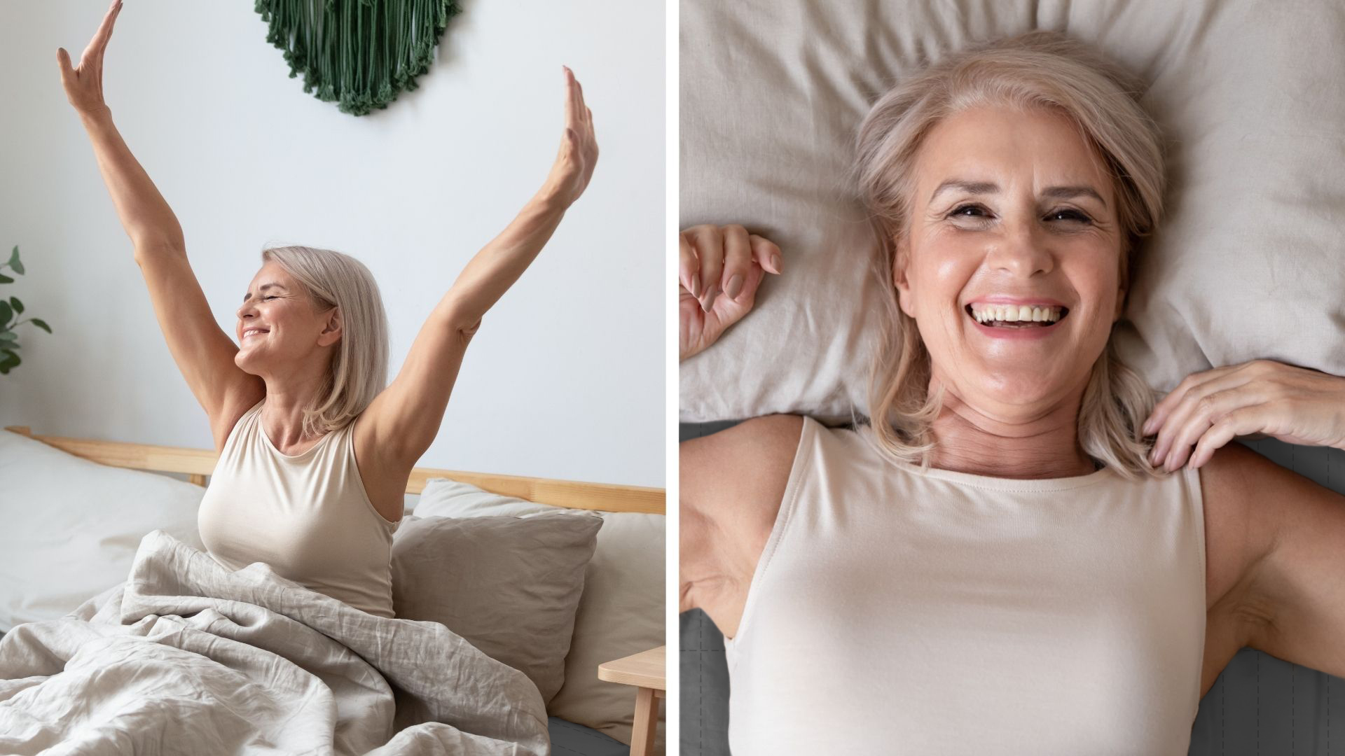 Smiling woman stretching in bed, wearing a beige tank top.