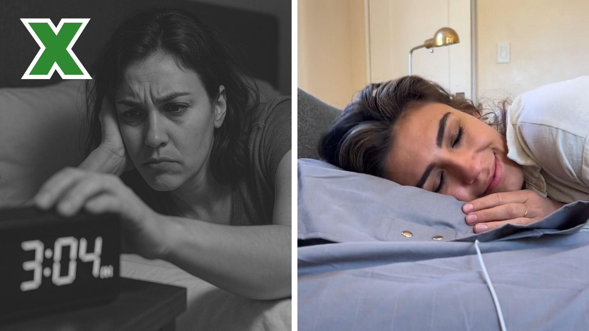 Split image with woman looking at clock and woman happily asleep.