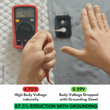 Comparison of body voltage with and without grounding using a multimeter and grounding sheet.