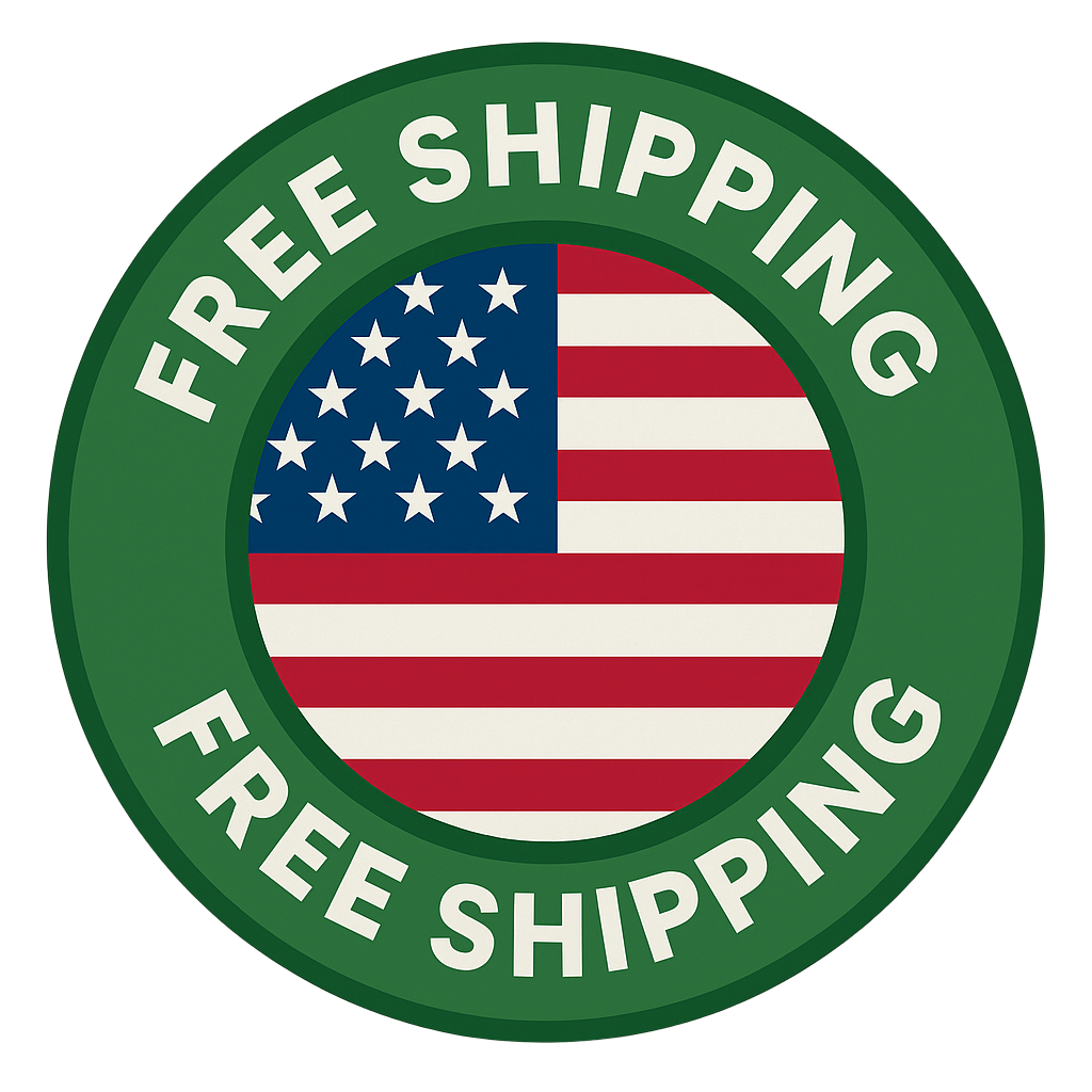 Green badge with 'Free Shipping' text and American flag in the center.