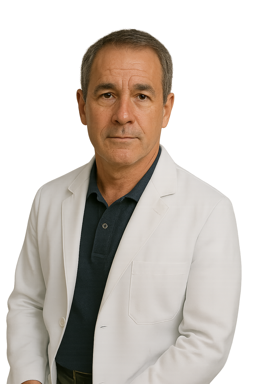 Man in a white coat with a neutral expression.
