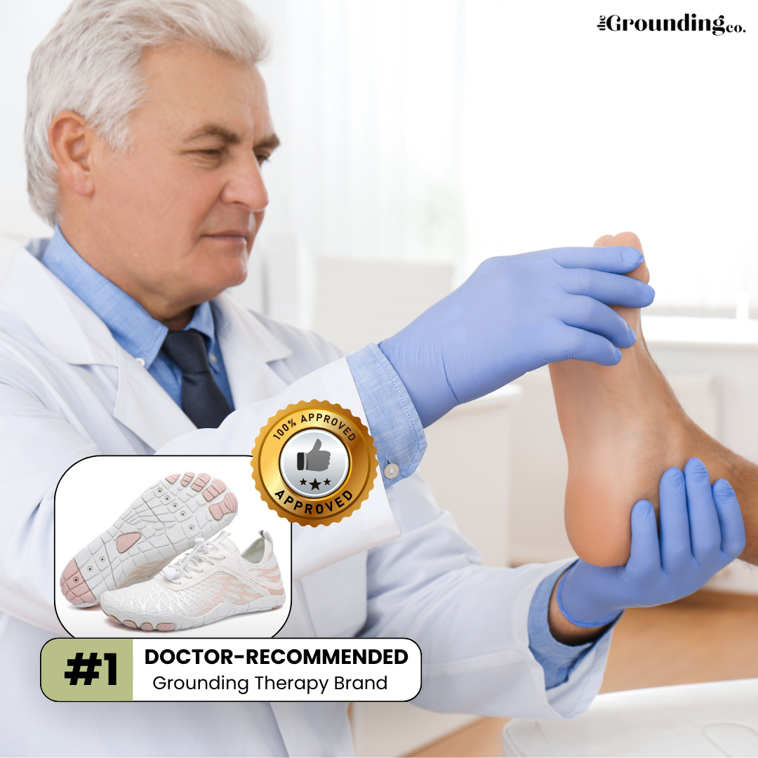 Doctor examining a patient's foot, with a shoe and approval badge overlay.