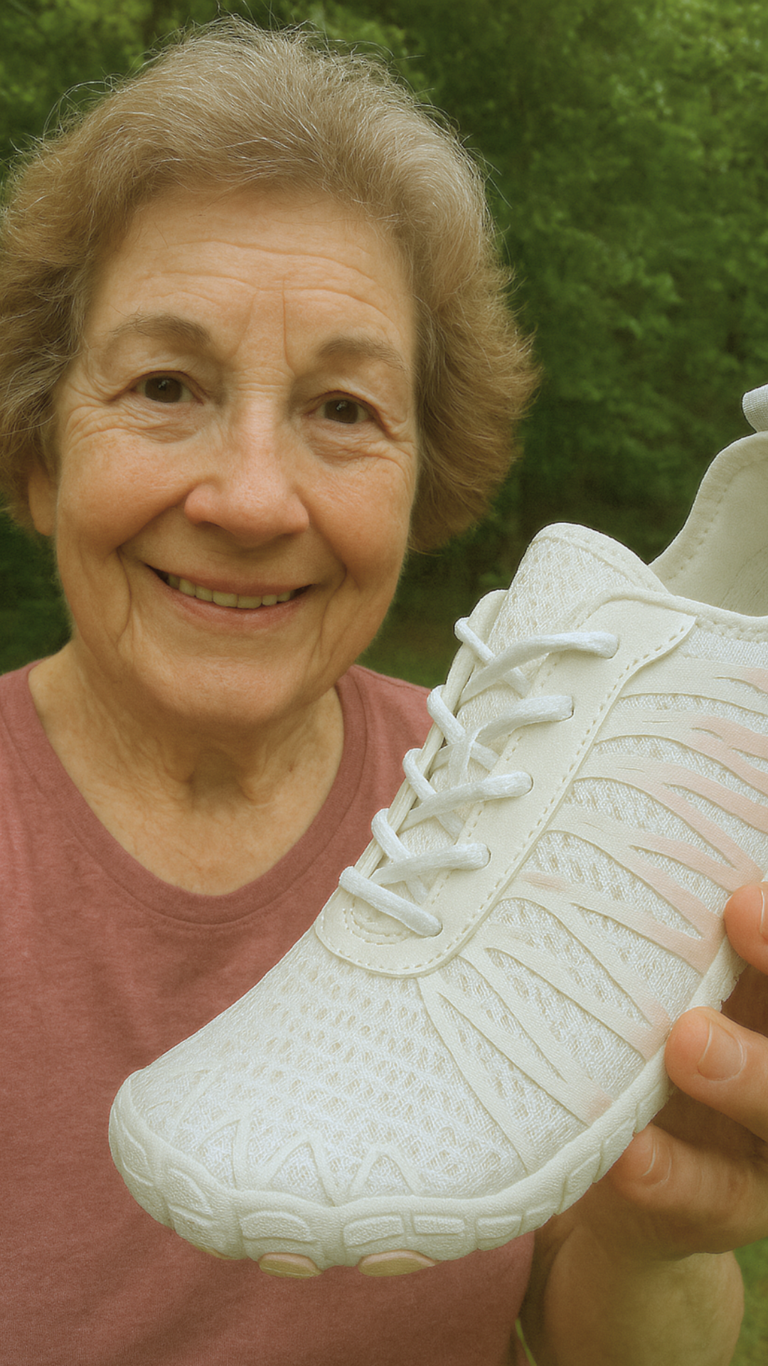 Smiling person holding a white sneaker outdoors.