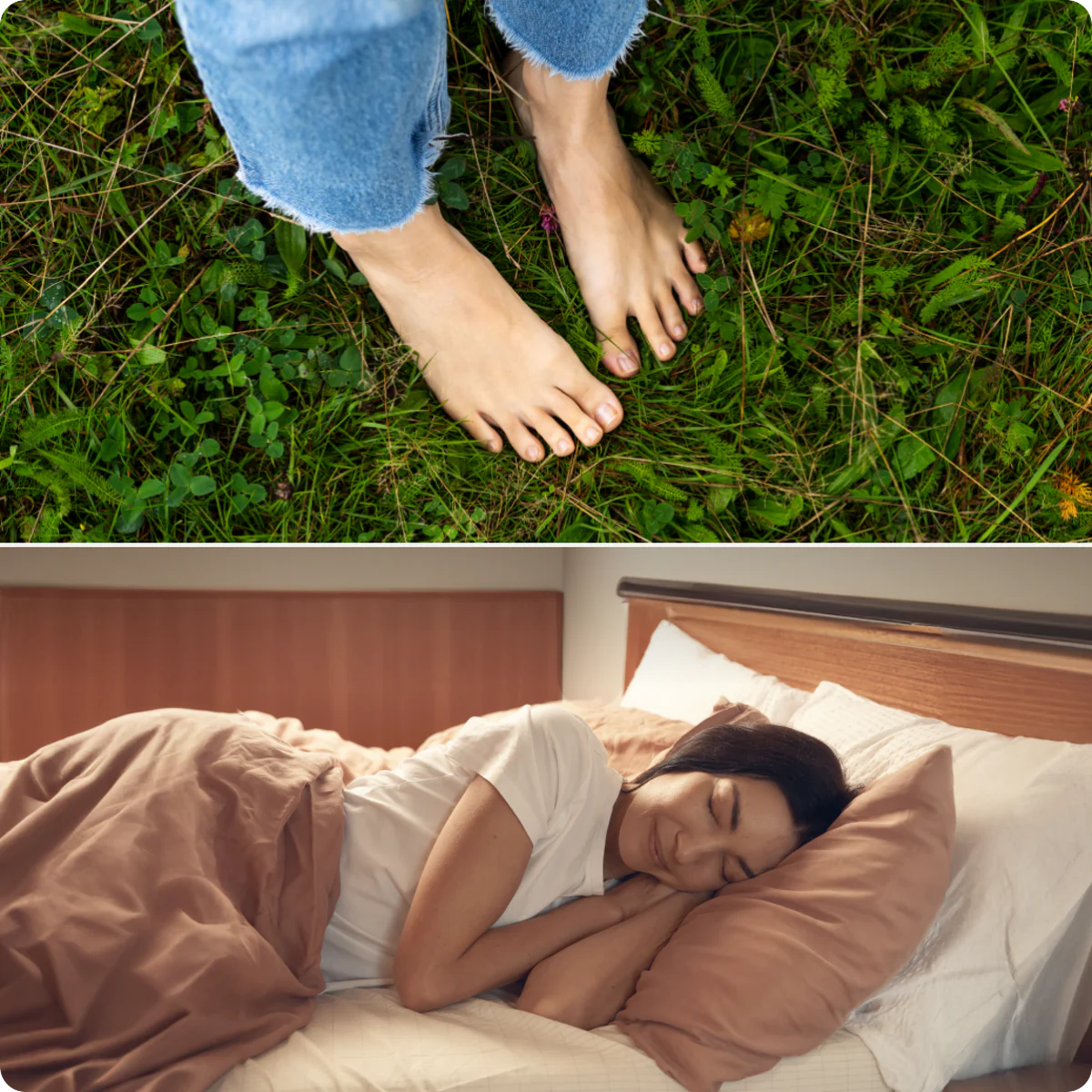Top: bare feet on grass; Bottom: person sleeping in bed.