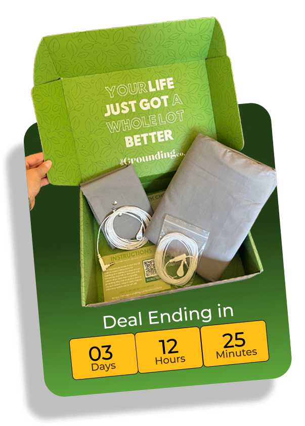 Open green box with grounding products and countdown timer.