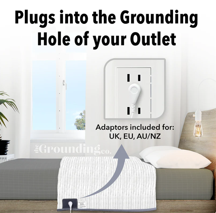Image of a grounding plug and adaptors for various regions, with a bed and lamp in the background.