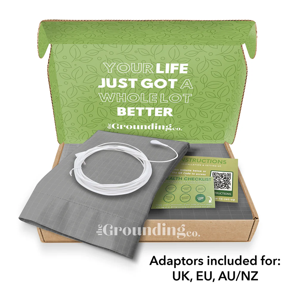 Open box with a grounding mat, cable, and instructions inside.