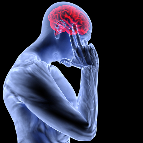 Illustration of a person with a highlighted brain in red, holding their head.