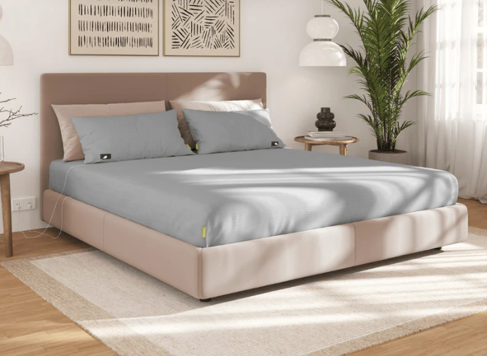 Modern bedroom with a large bed, plants, and abstract wall art.