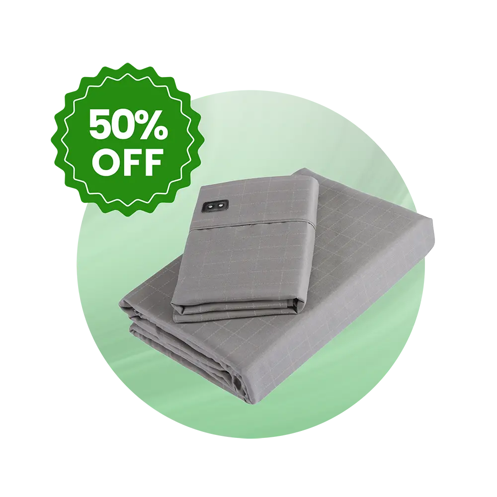 Gray folded bed sheets with a 50% off badge on a green background.