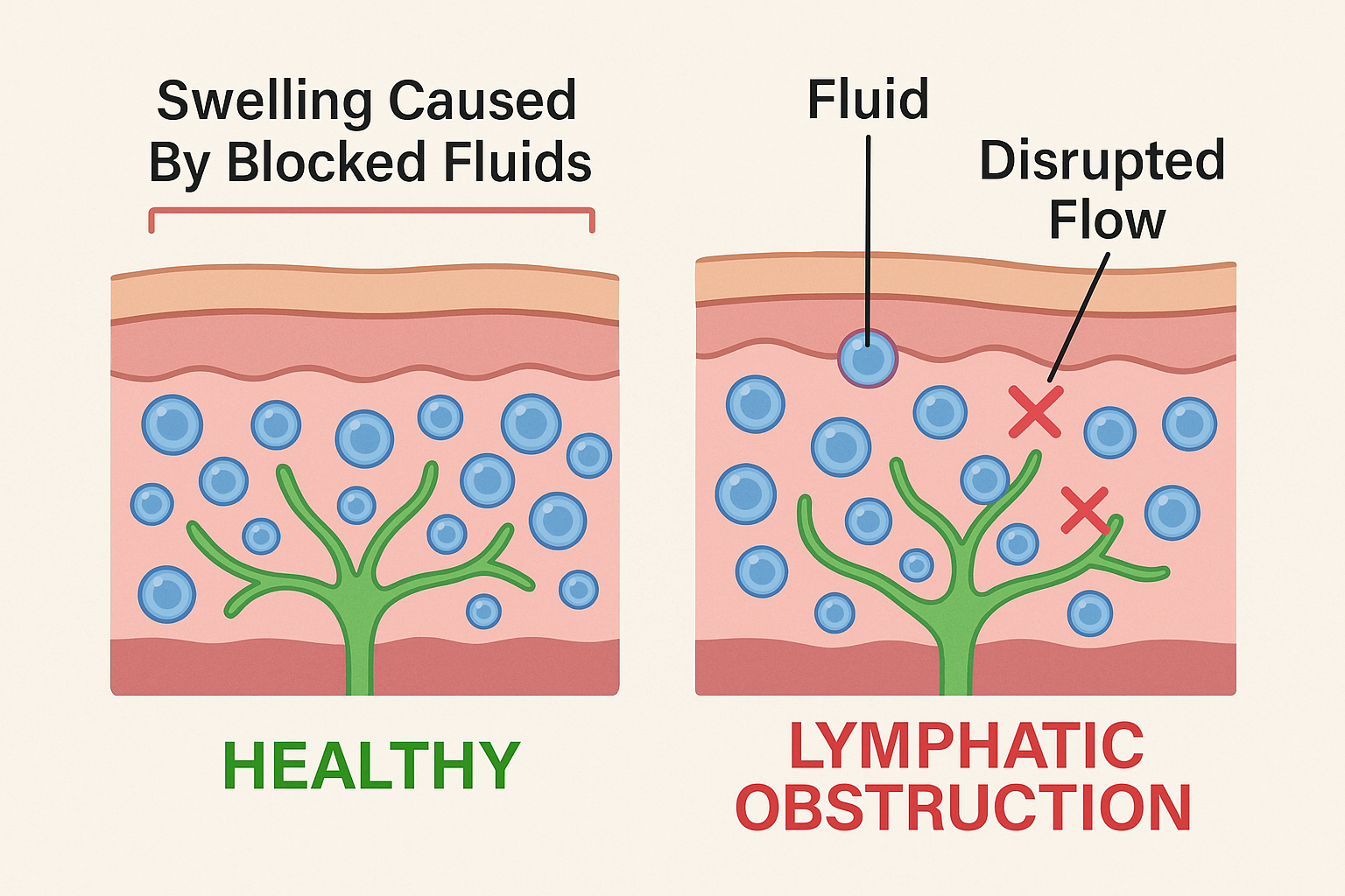 Diagram comparing healthy tissue and lymphatic obstruction with labeled fluid and disrupted flow.