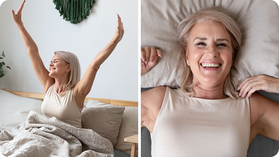 Smiling woman in bed, stretching and lying down.