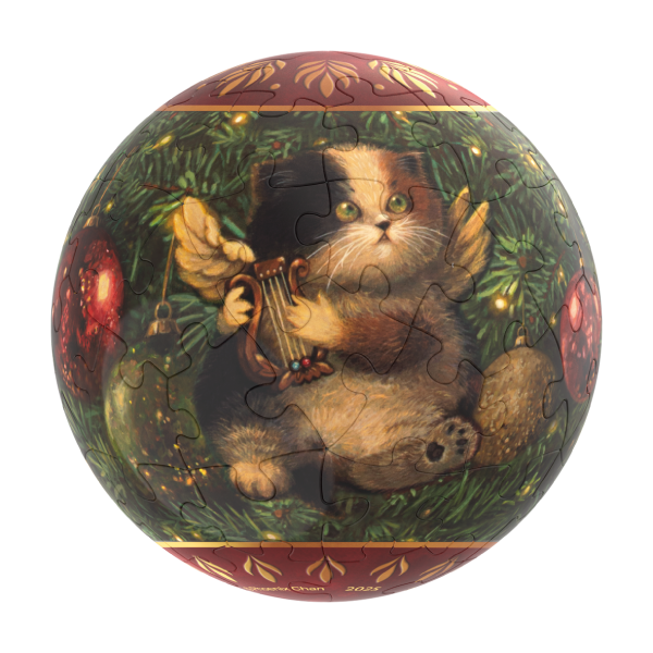A spherical jigsaw puzzle showing a winged kitten with a lyre sitting in a Christmas tree.