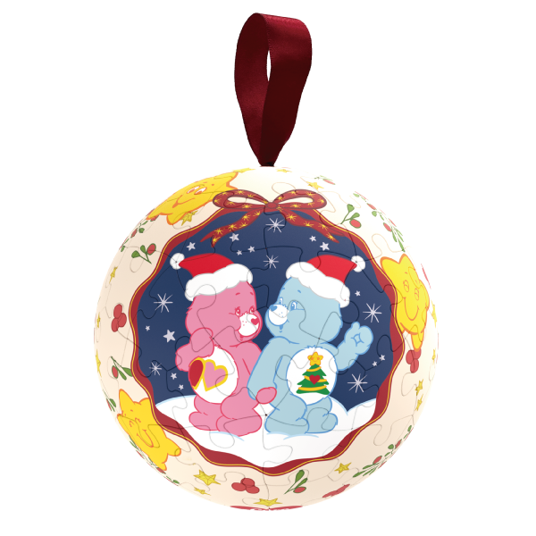 A spherical jigsaw puzzle ornament featuring two Care Bears wearing Santa hats, with a red ribbon for hanging.