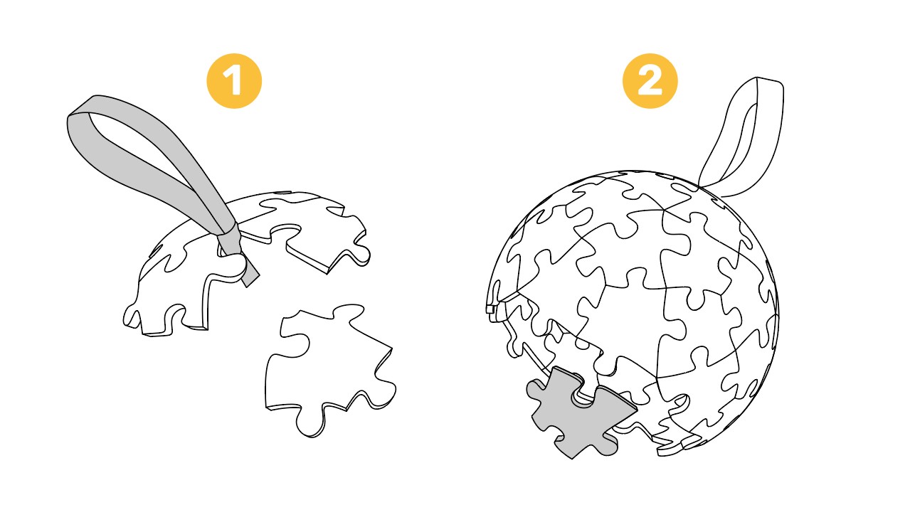 A two-step instructional line drawing for assembling a spherical jigsaw puzzle with a hanging loop.