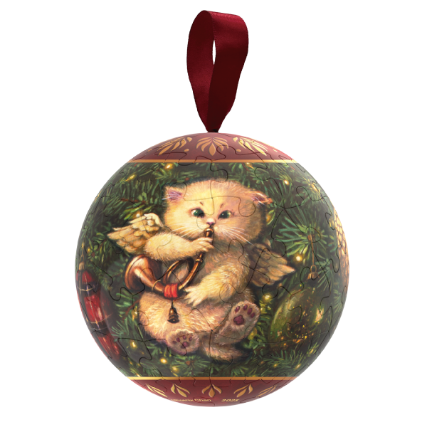 A spherical puzzle Christmas ornament featuring a drawing of an angel kitten playing a horn.