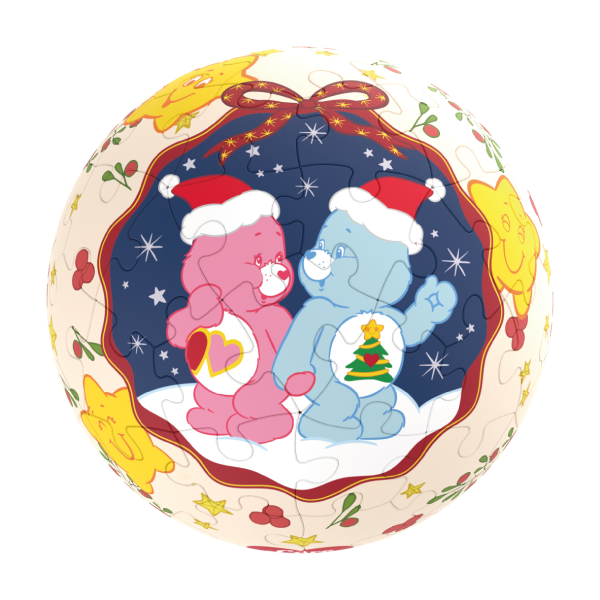 A spherical jigsaw puzzle featuring two Care Bears in Santa hats sitting in the snow.