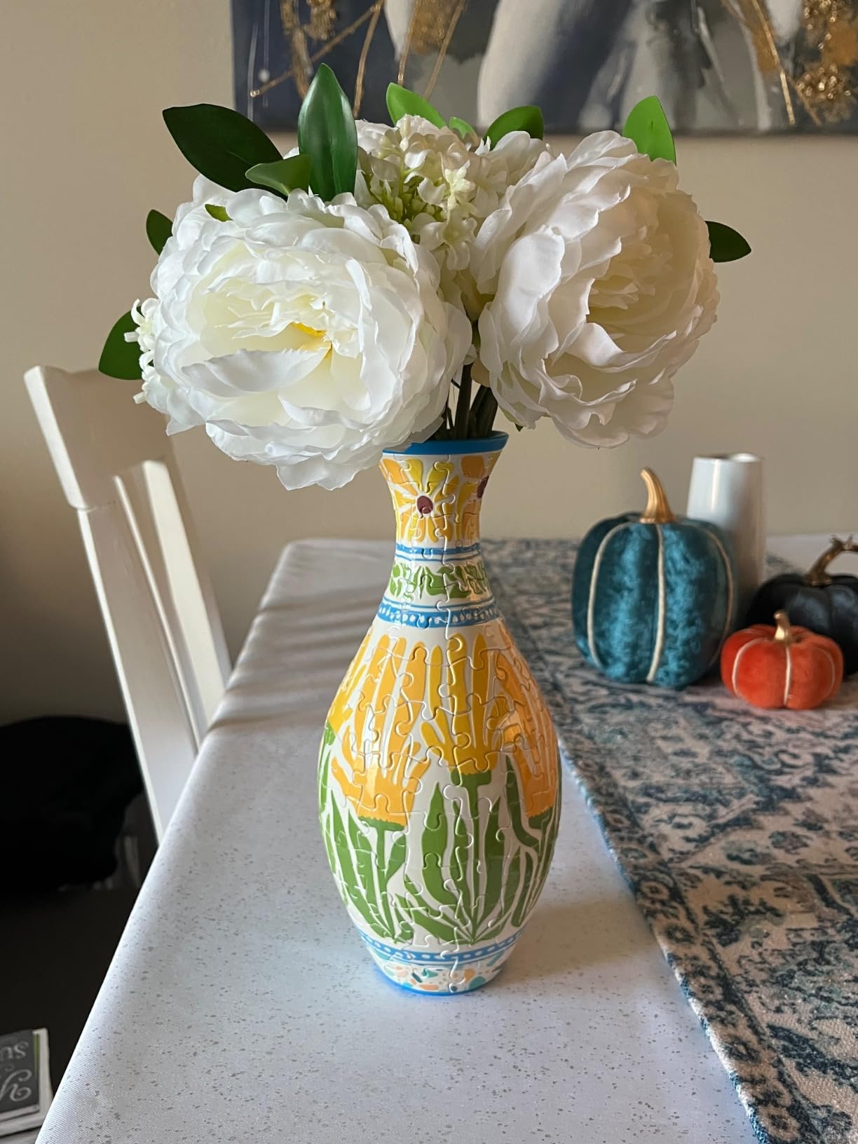 PieceRelax yellow and green 3D puzzle vase with white peony bouquet