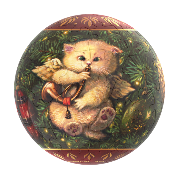 A spherical jigsaw puzzle of a kitten with angel wings playing a horn amidst Christmas tree branches.