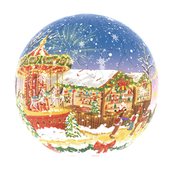 A spherical jigsaw puzzle depicting a snowy Christmas market scene with a carousel and fireworks at night.