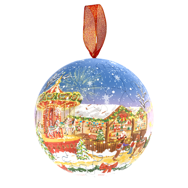 A spherical jigsaw puzzle Christmas ornament depicting a snowy winter market scene with a carousel.