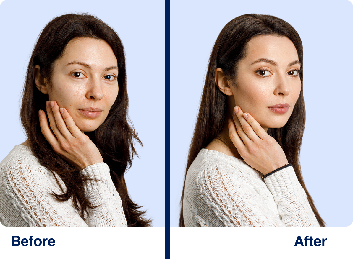 Side-by-side comparison of a woman's face before and after makeup.