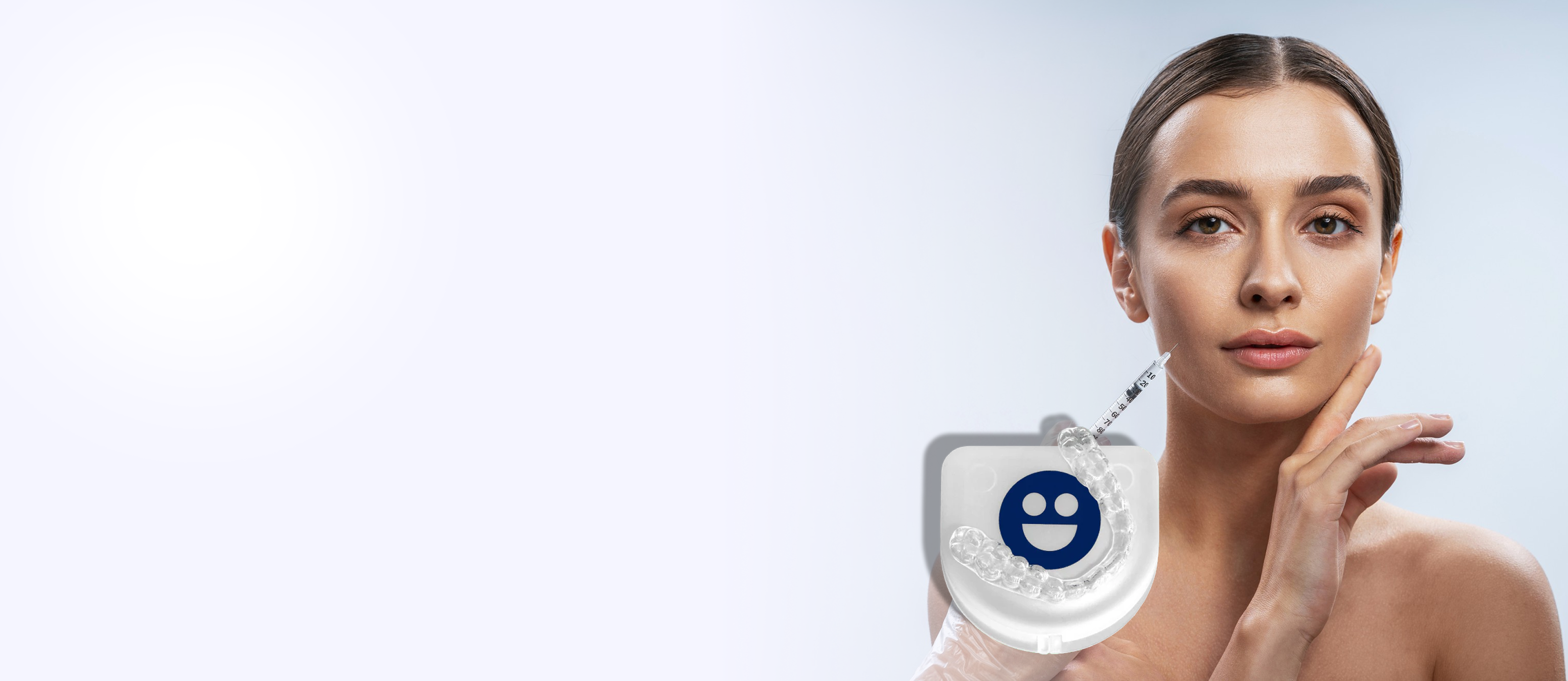 Woman with clear aligners and syringe near face, smiling icon on aligner case.