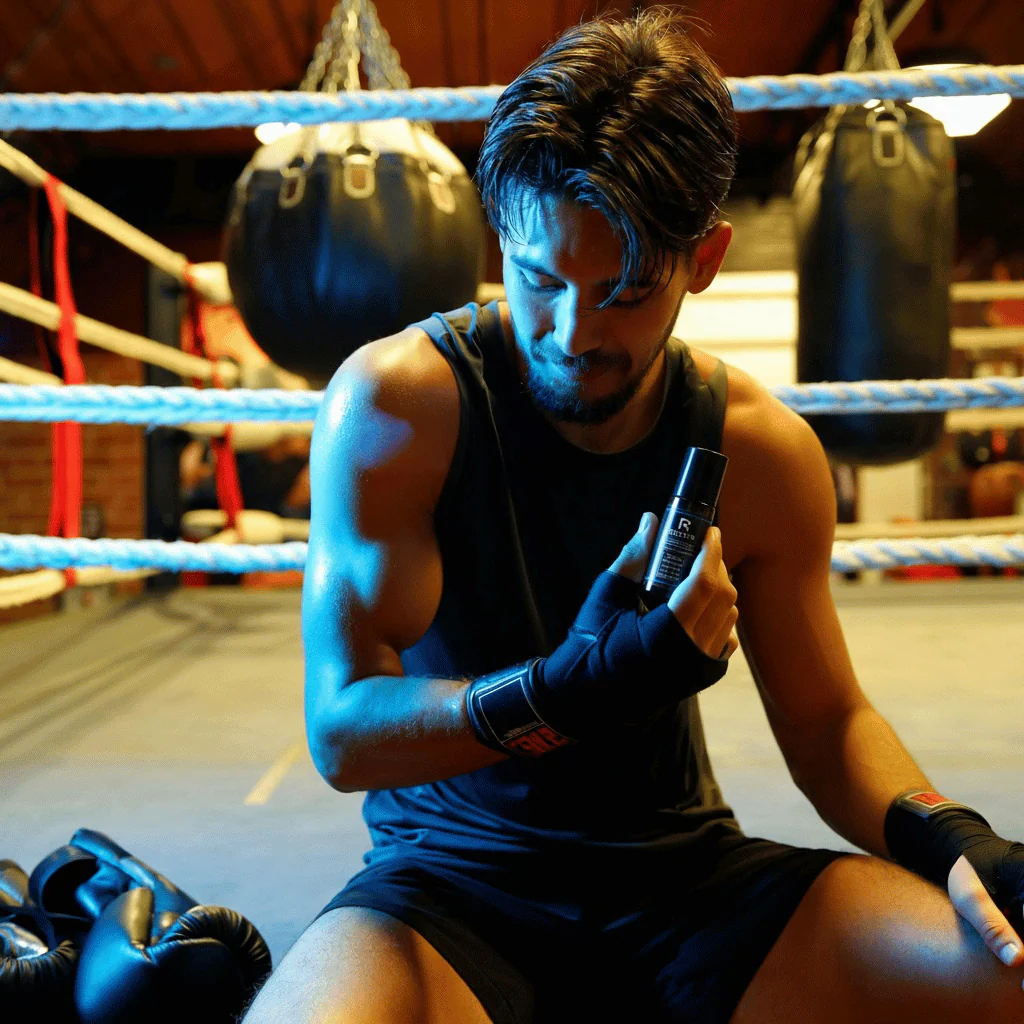 Man sitting in a boxing ring holding a product bottle, with boxing gloves beside him.