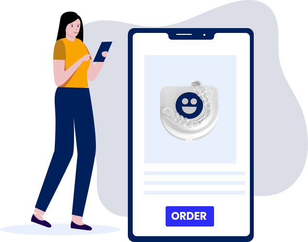 Illustration of a person next to a smartphone displaying a dental aligner with a smiley face.
