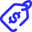 Blue price tag icon with a dollar sign.