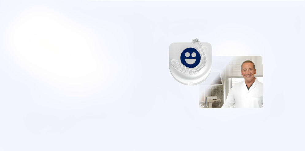 Clear dental aligner with a smiling face logo and a person in a white coat.