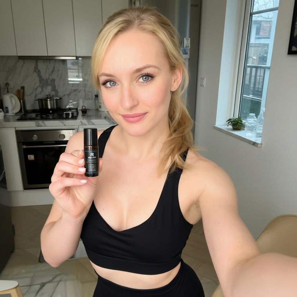Person holding a small black bottle in a kitchen setting.