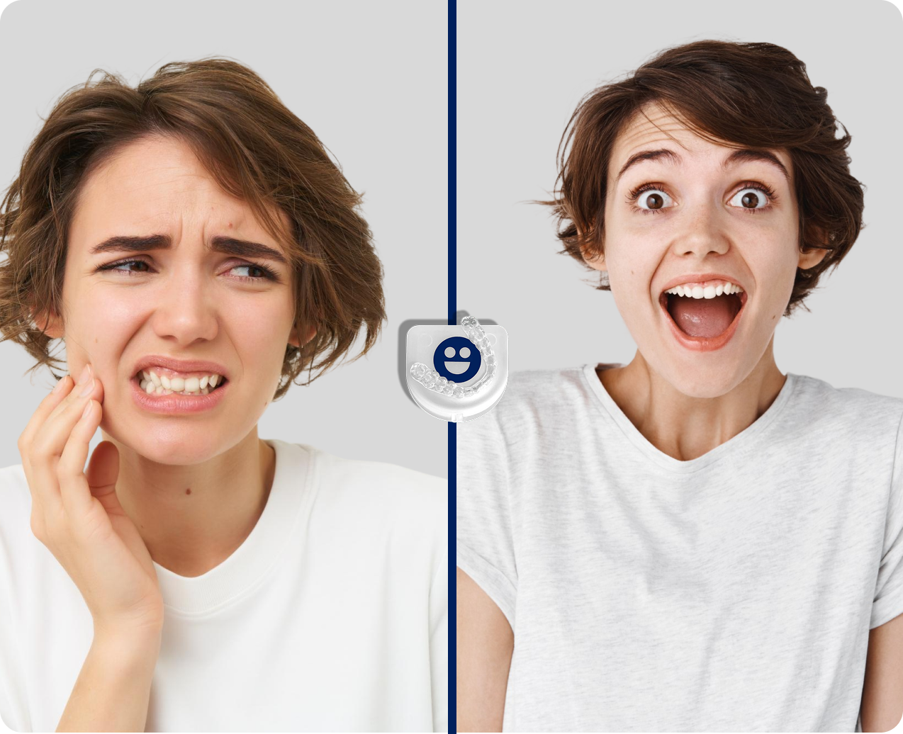 Split image of a woman looking worried and then happy.
