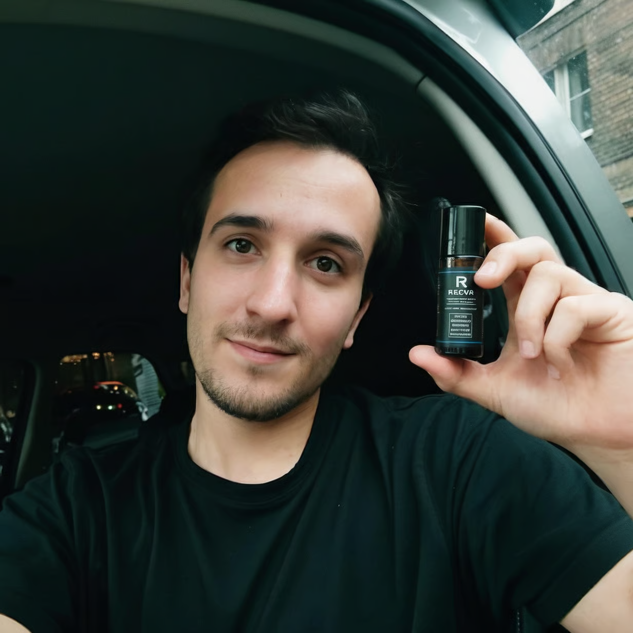 Person holding a small black bottle in a car.