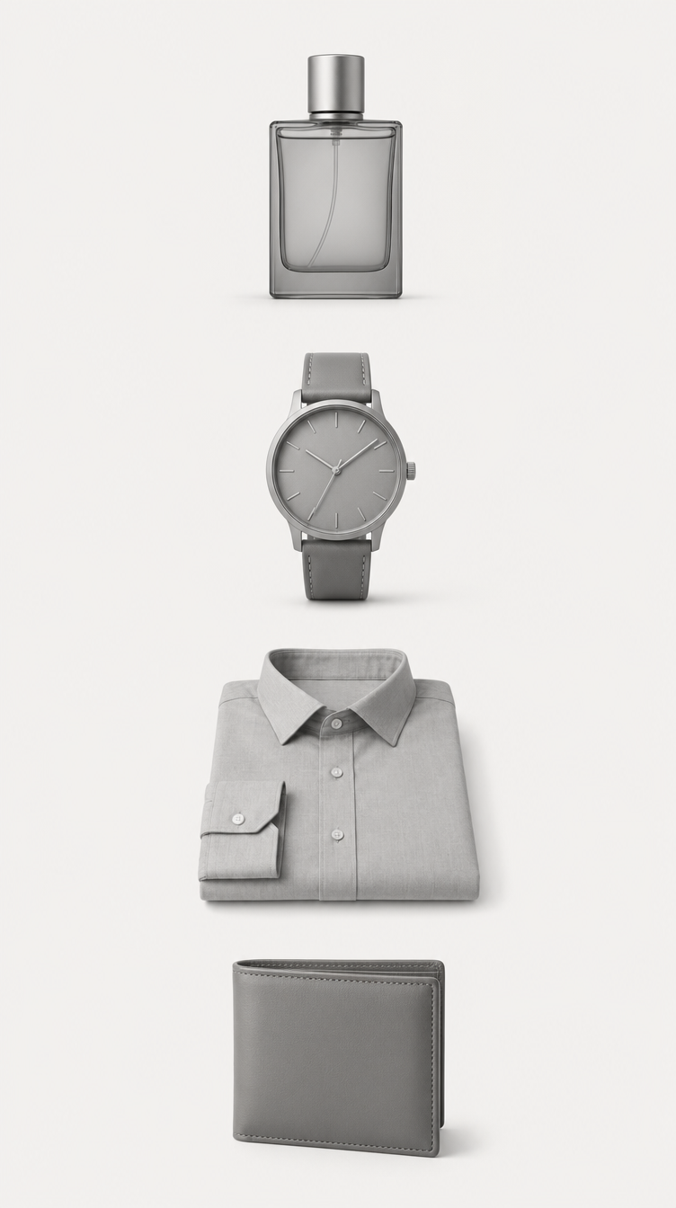 A vertical arrangement of grey men's accessories: cologne, a watch, a folded shirt, and a wallet.