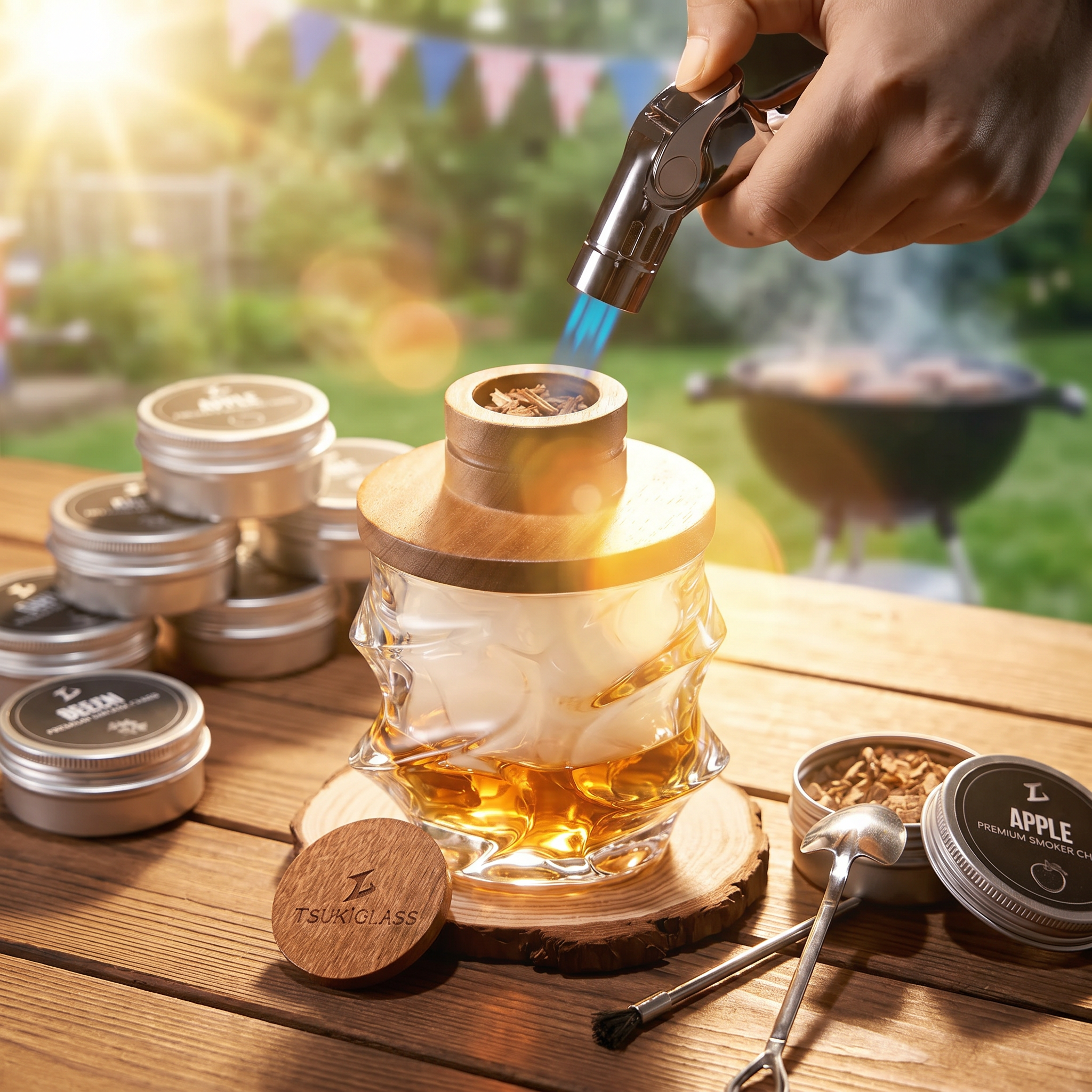 A person uses a torch to smoke a drink in a glass on a wooden table outdoors.