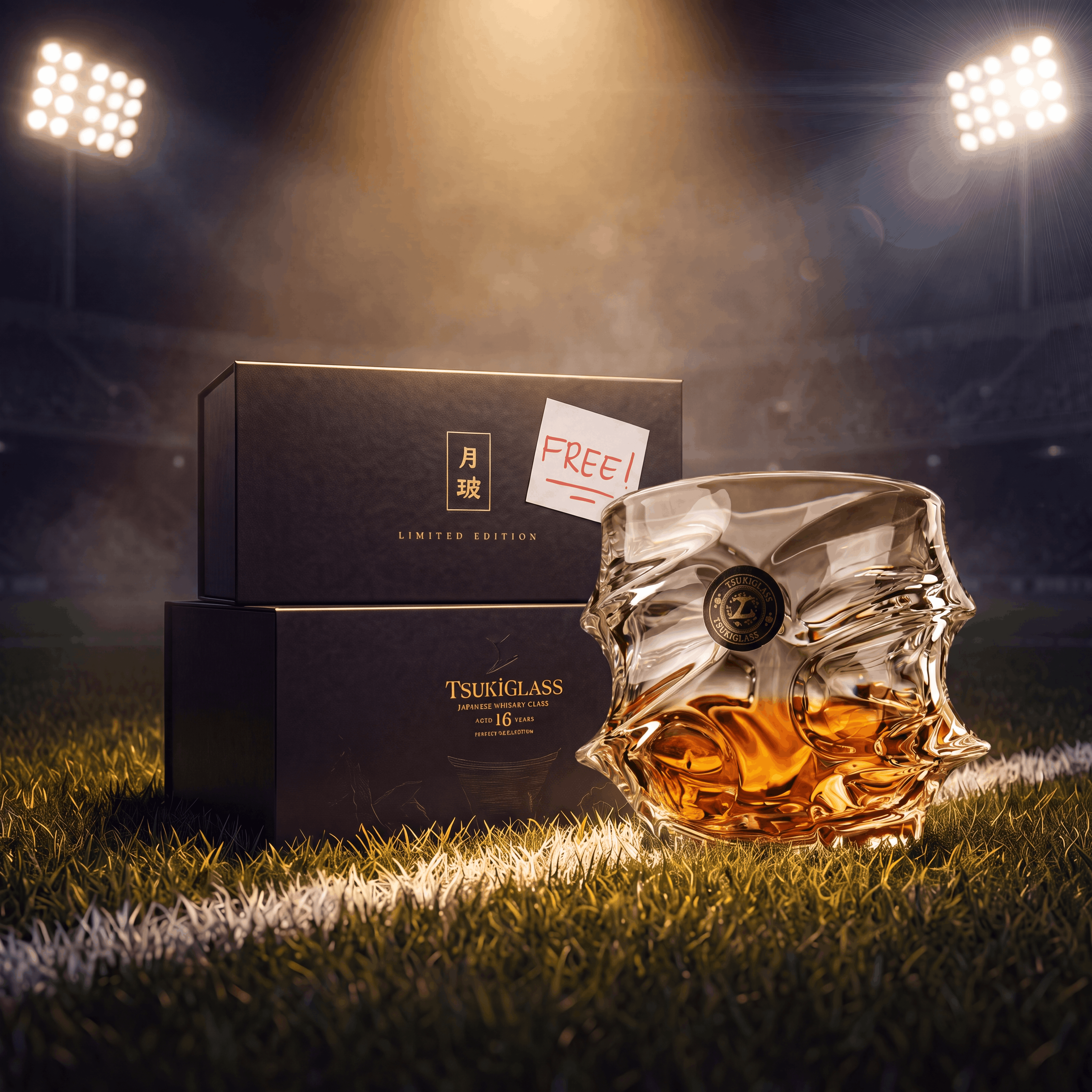 A stylized glass of whiskey and two black boxes sit on a grassy field under stadium lights.