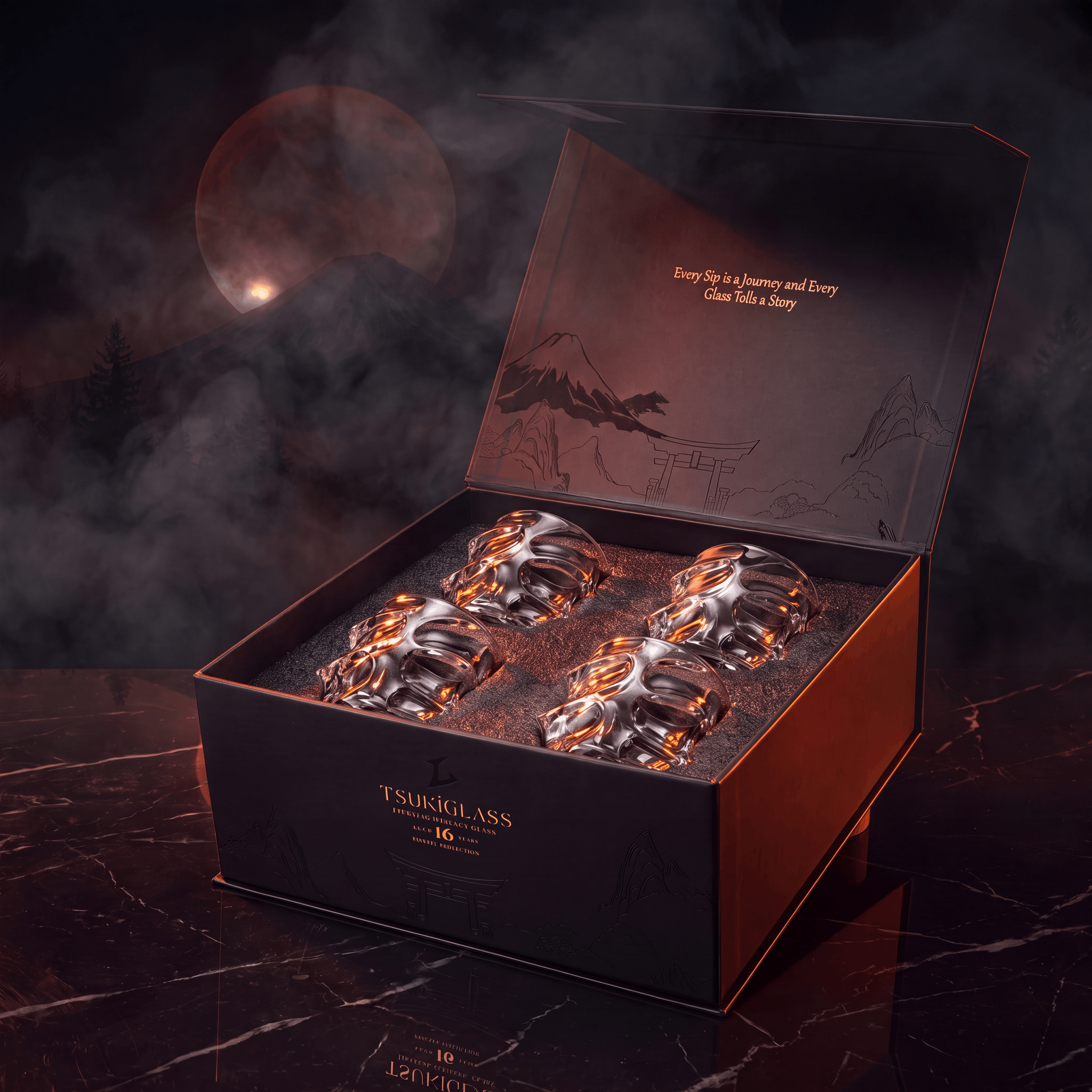 An open black gift box displaying four sculpted glasses against a misty, mountainous background with a red moon.