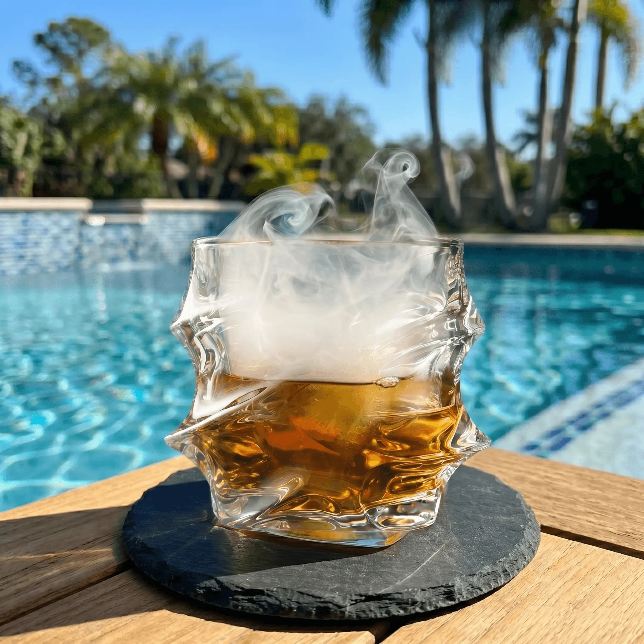A smoky cocktail in a sculpted glass sits on a slate coaster on a wooden table by a pool.