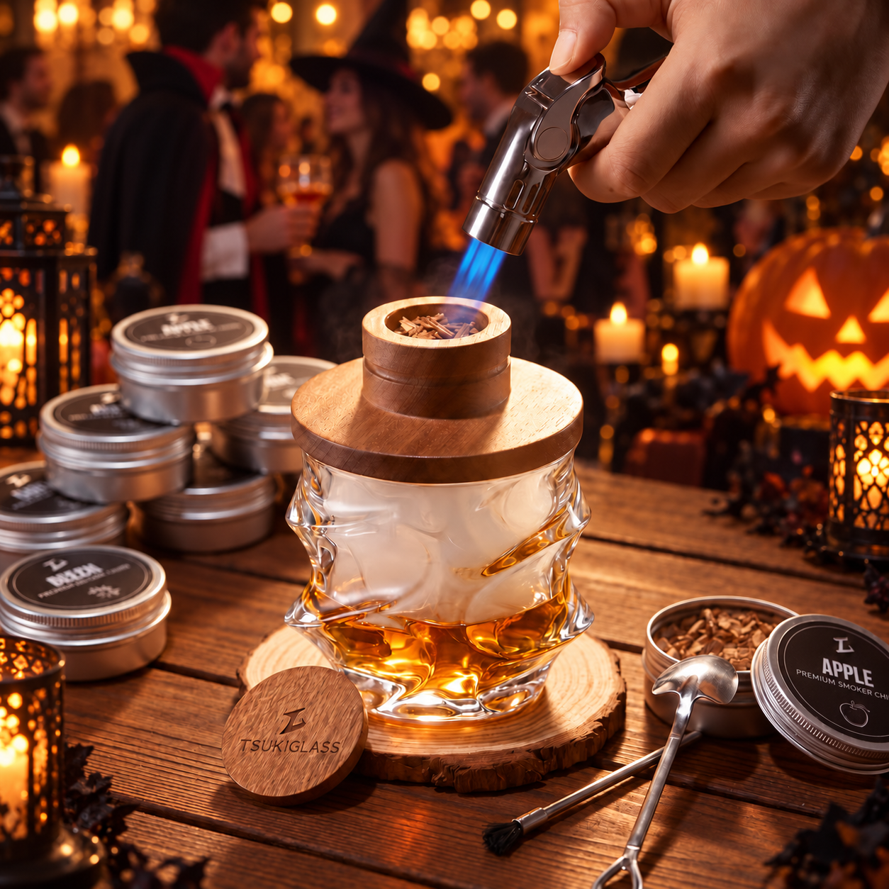 A hand uses a culinary torch to smoke a cocktail at a Halloween party.