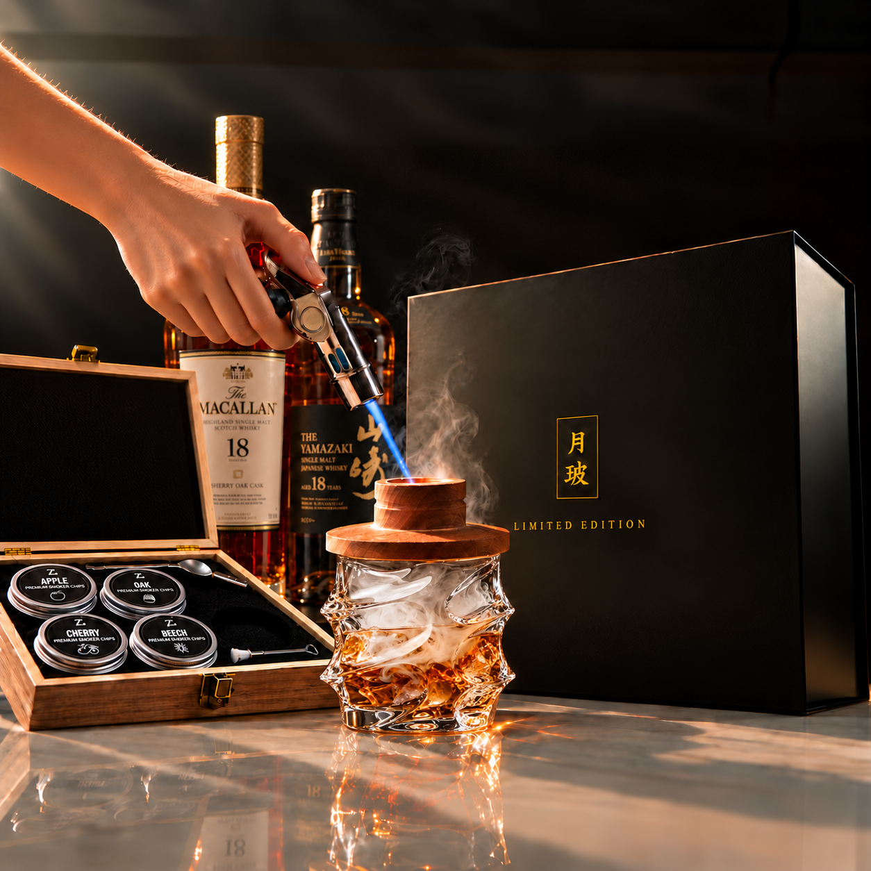 A person uses a torch to smoke a glass of whiskey with a cocktail smoker kit.