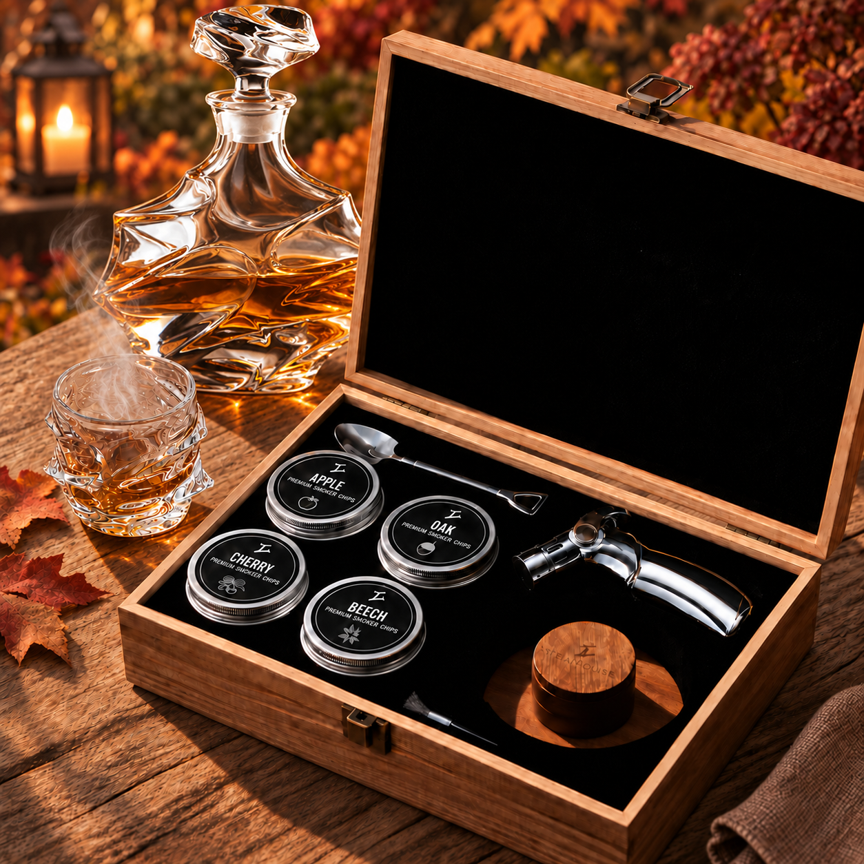 A cocktail smoker kit in an open wooden box next to a decanter and a smoking glass of whiskey.