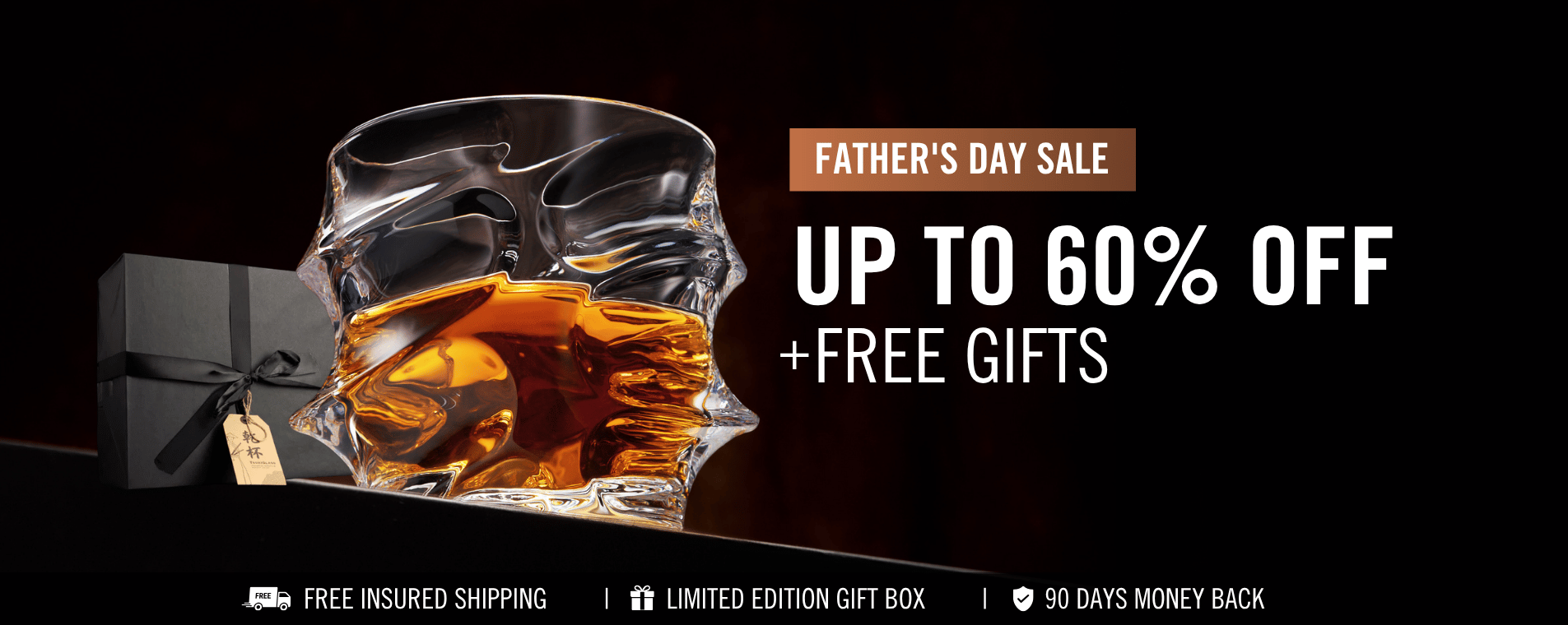 A unique whiskey glass and gift box on a banner advertising a Father's Day Sale up to 60% off.