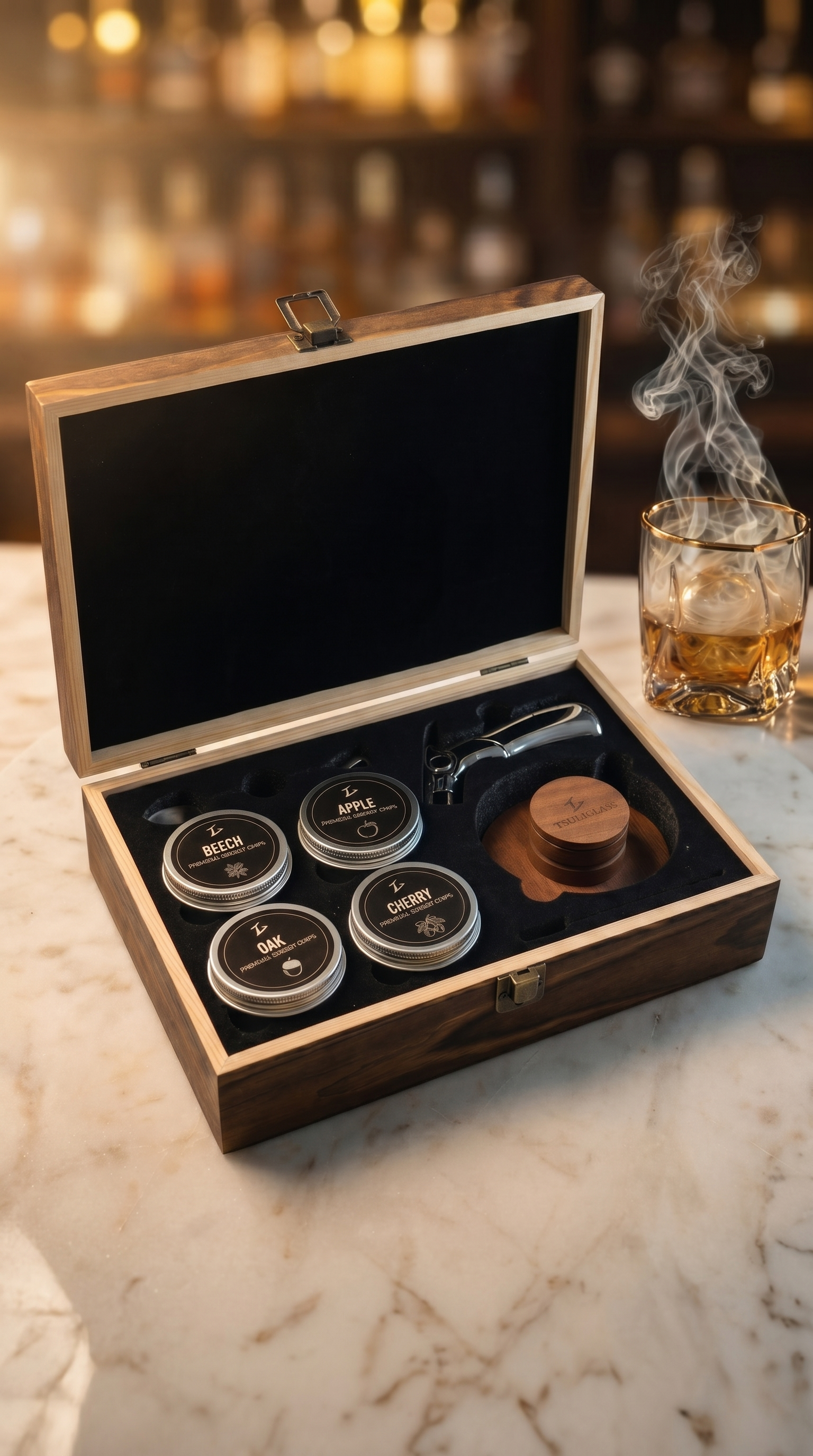 A wooden cocktail smoker kit box open on a marble table next to a smoking whiskey glass.