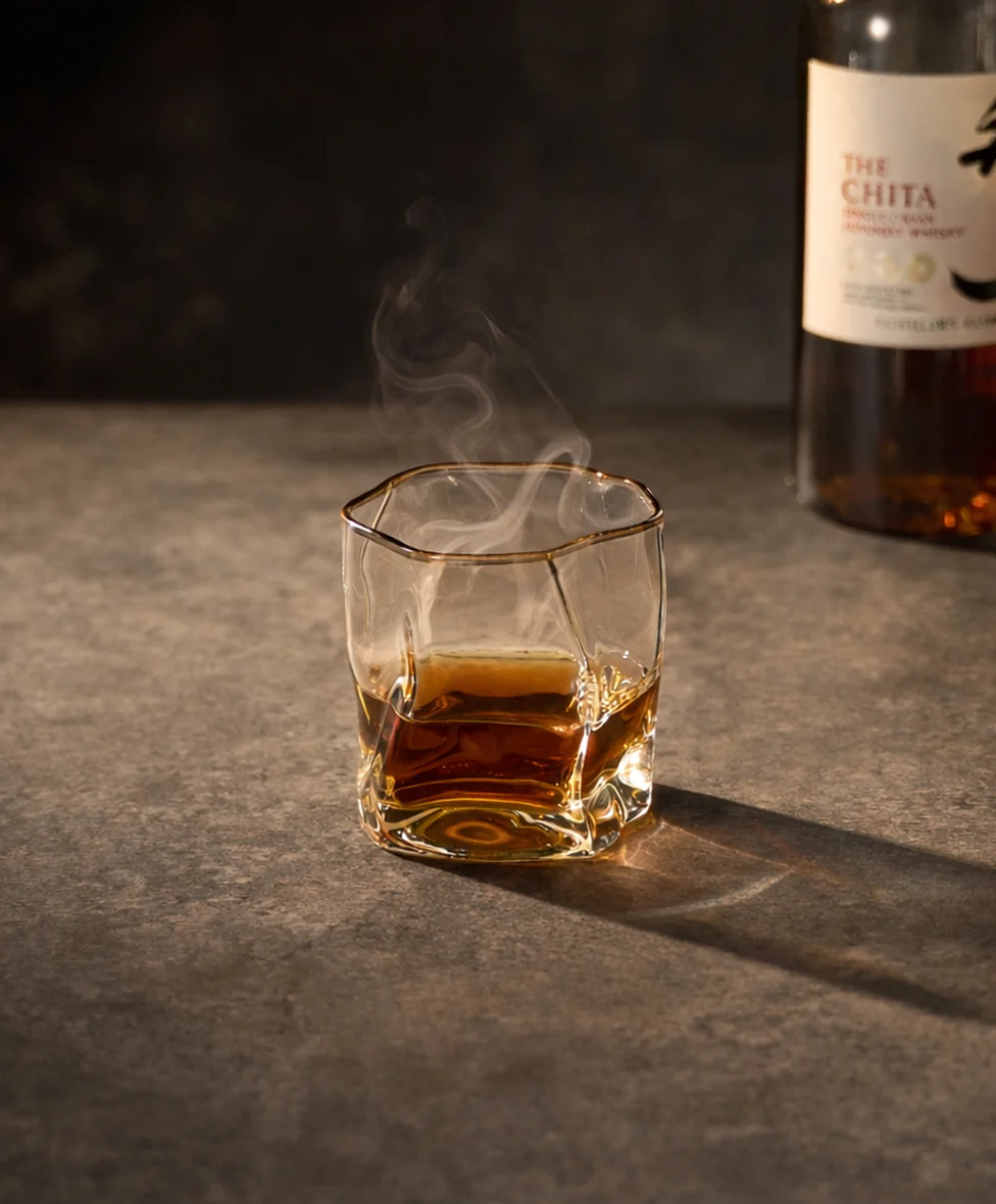 A hand adding wood chips to a cocktail smoker placed on a glass of whiskey.
