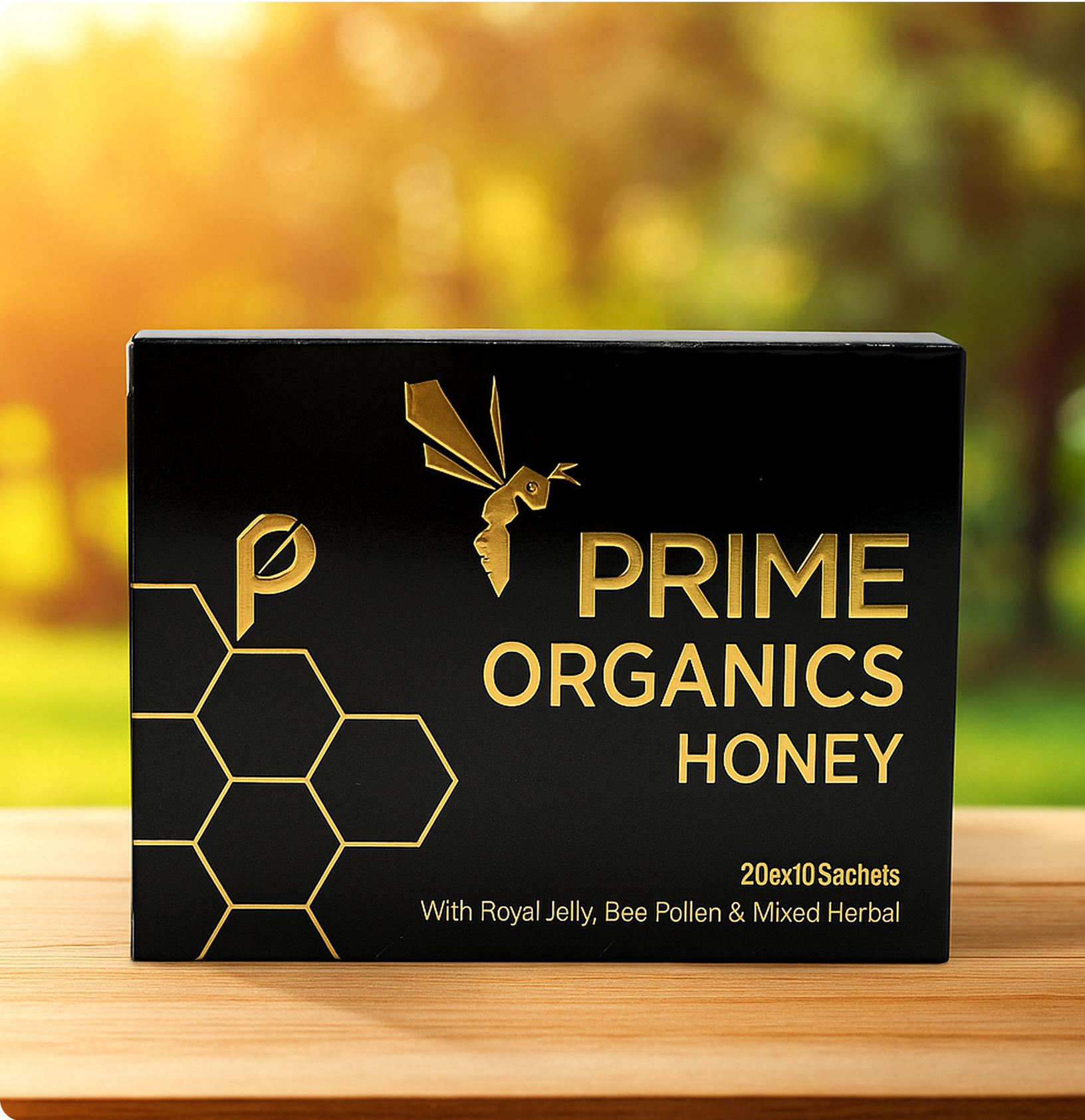 Product box labeled 'Prime Organics Honey' with a bee logo on a wooden surface.