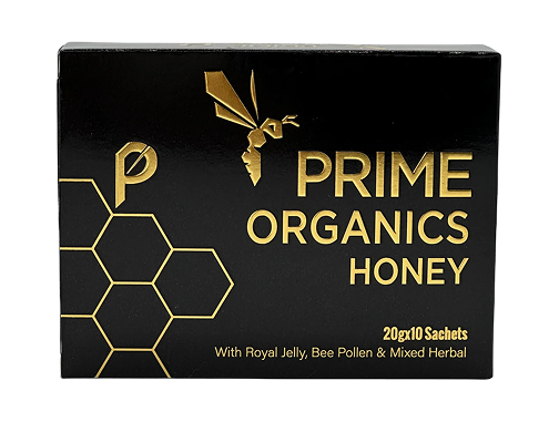 Black and gold packaging for Prime Organics Honey with bee and hexagon design.